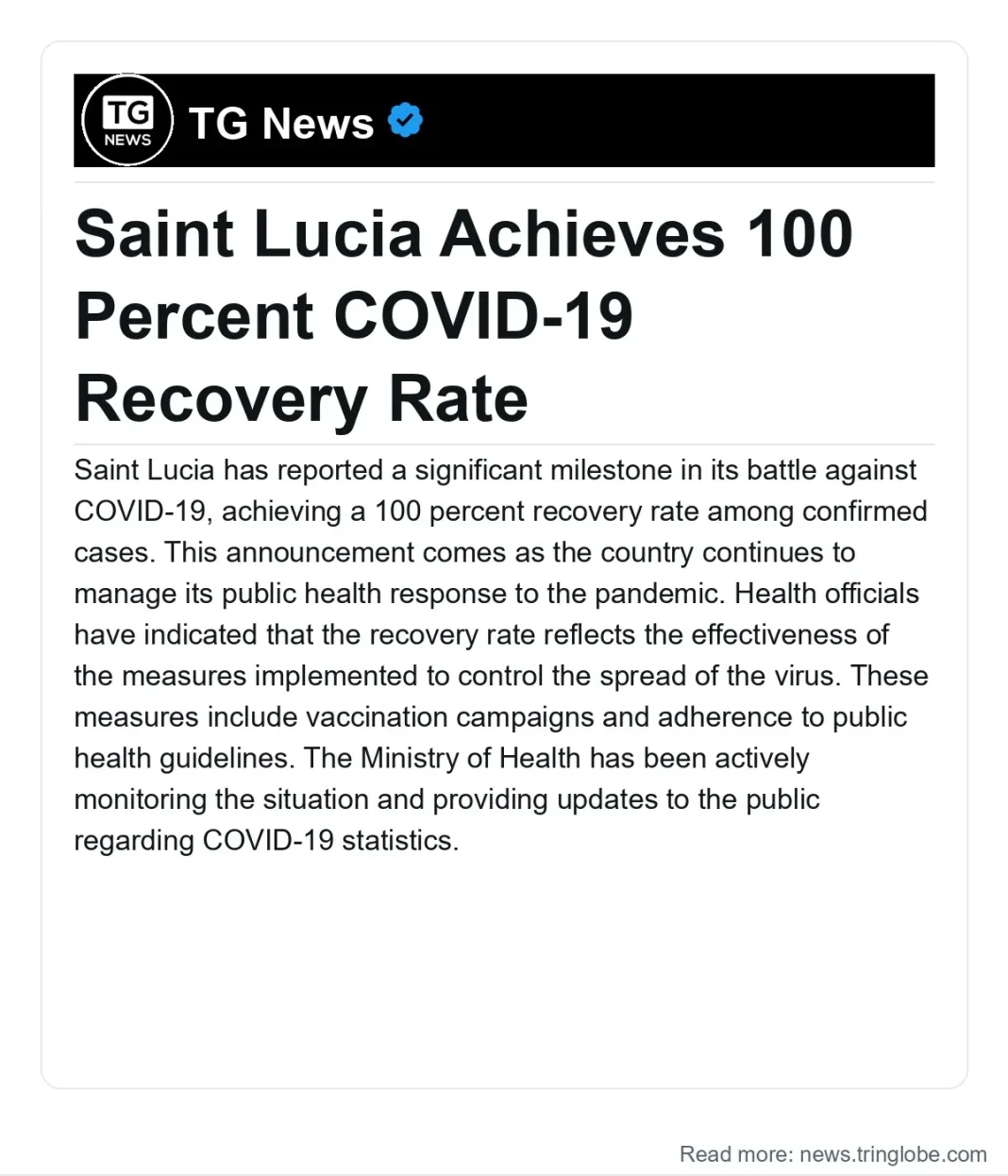 Saint Lucia: Saint Lucia Achieves 100 Percent COVID-19 Recovery Rate