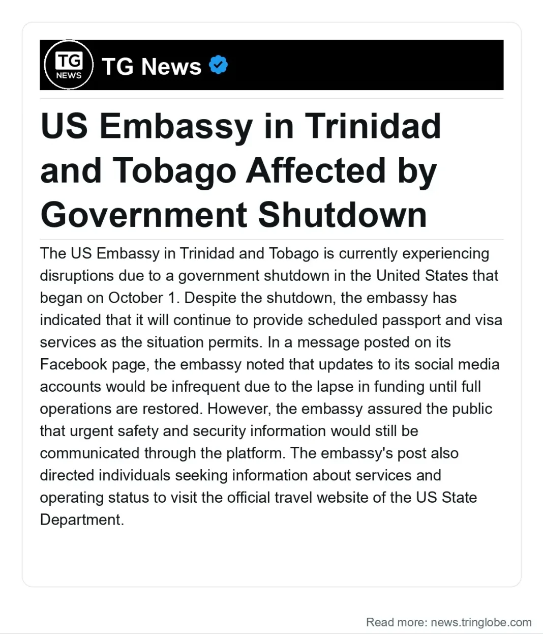 Trinidad and Tobago: US Embassy in Trinidad and Tobago Affected by Government Shutdown