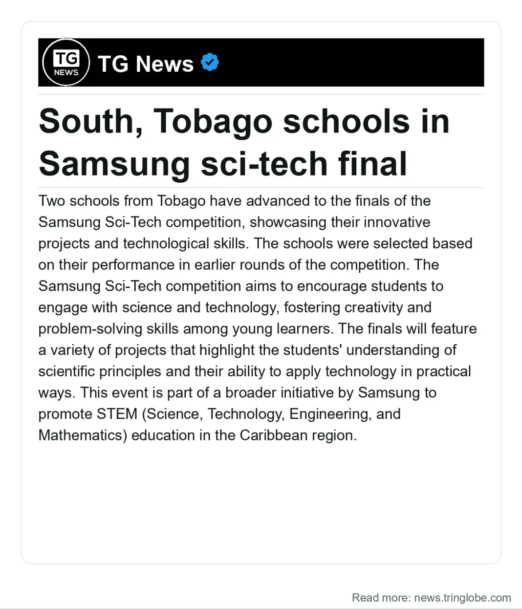 Trinidad and Tobago: South, Tobago schools in Samsung sci-tech final