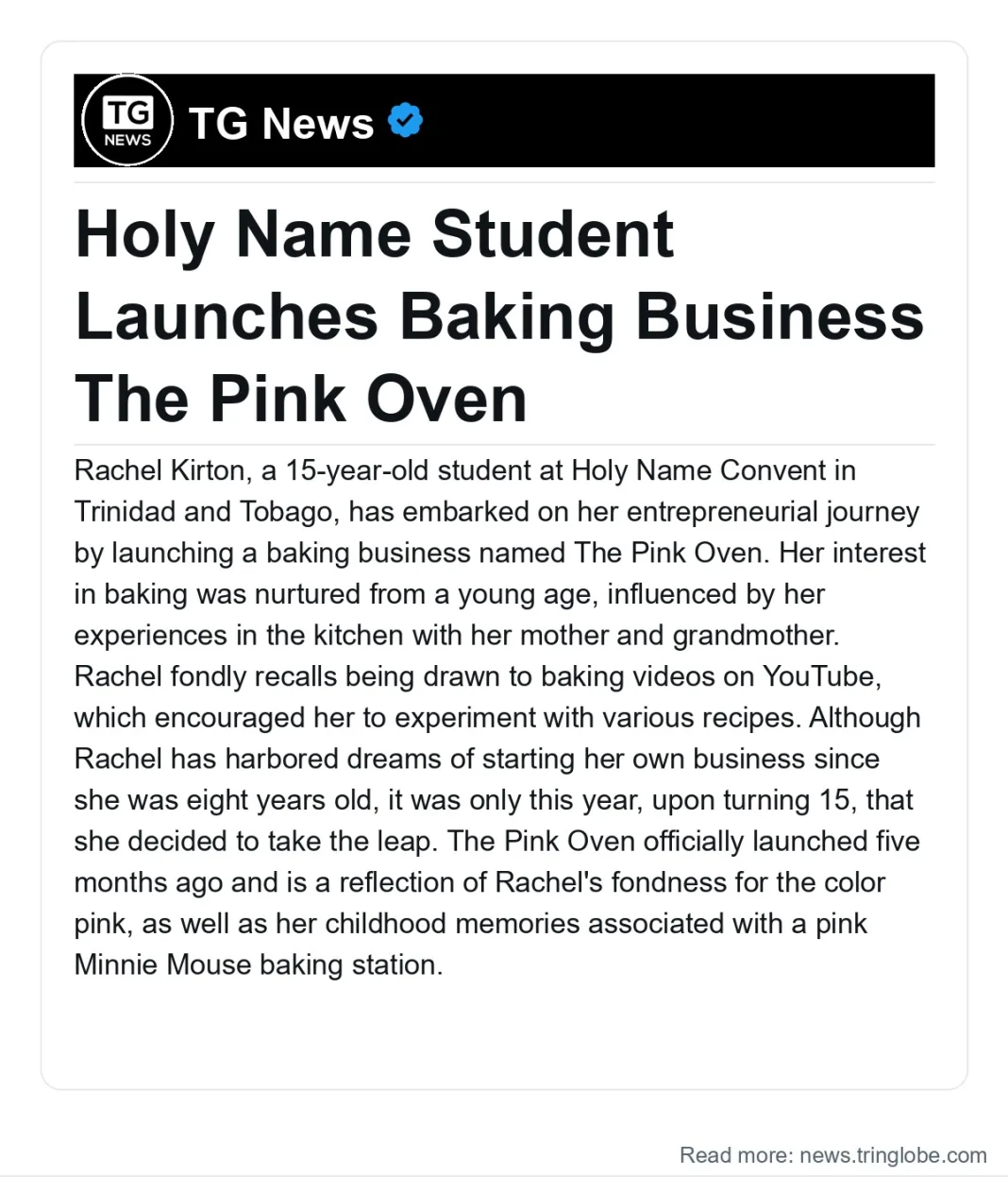Trinidad and Tobago: Holy Name Student Launches Baking Business The Pink Oven