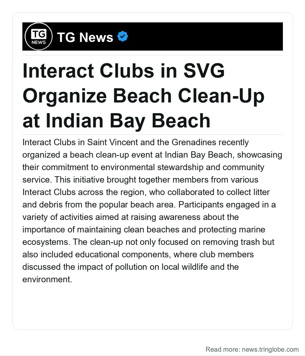 Saint Vincent and the Grenadines: Interact Clubs in SVG Organize Beach Clean-Up at Indian Bay Beach