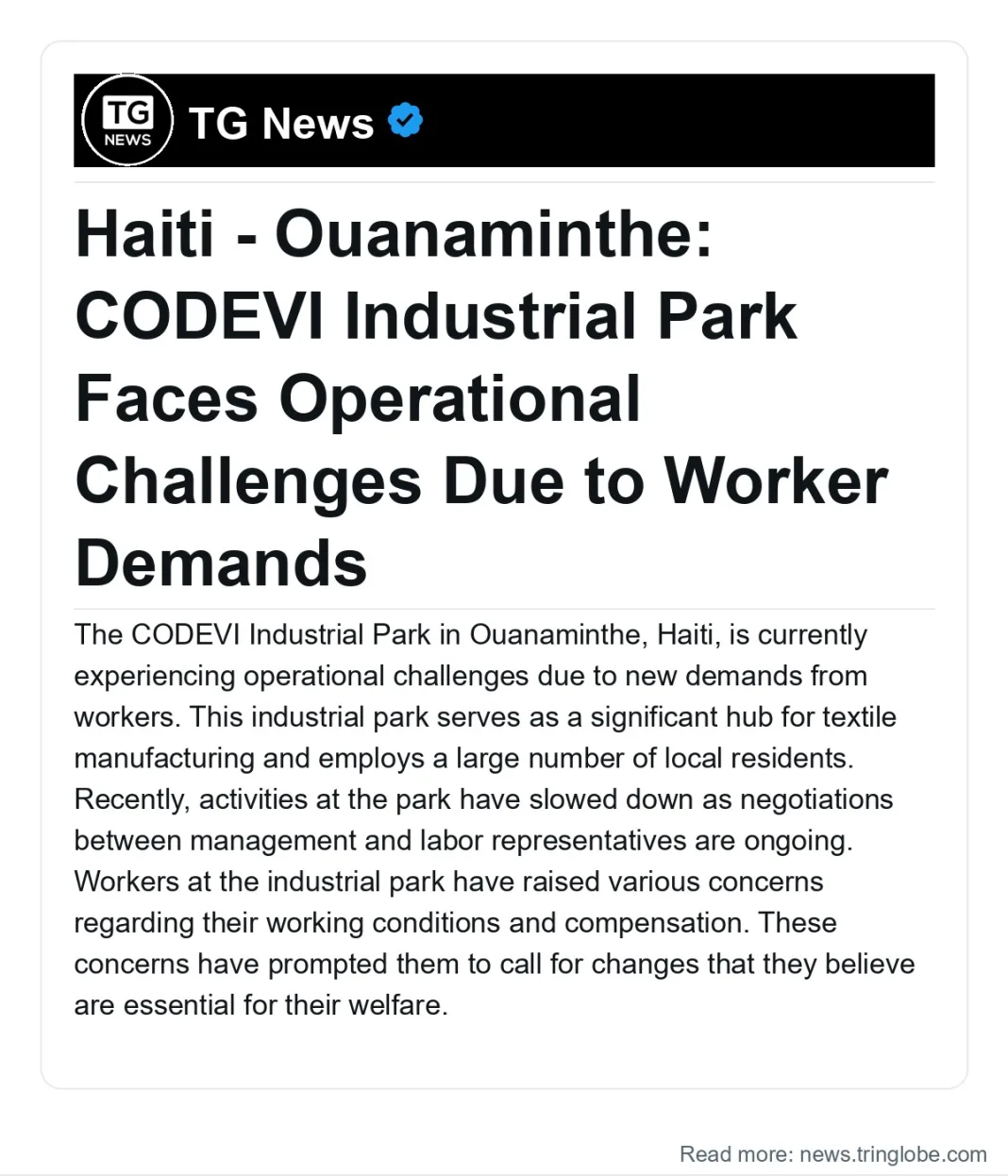 Haiti: Haiti – Ouanaminthe: CODEVI Industrial Park Faces Operational Challenges Due to Worker Demands