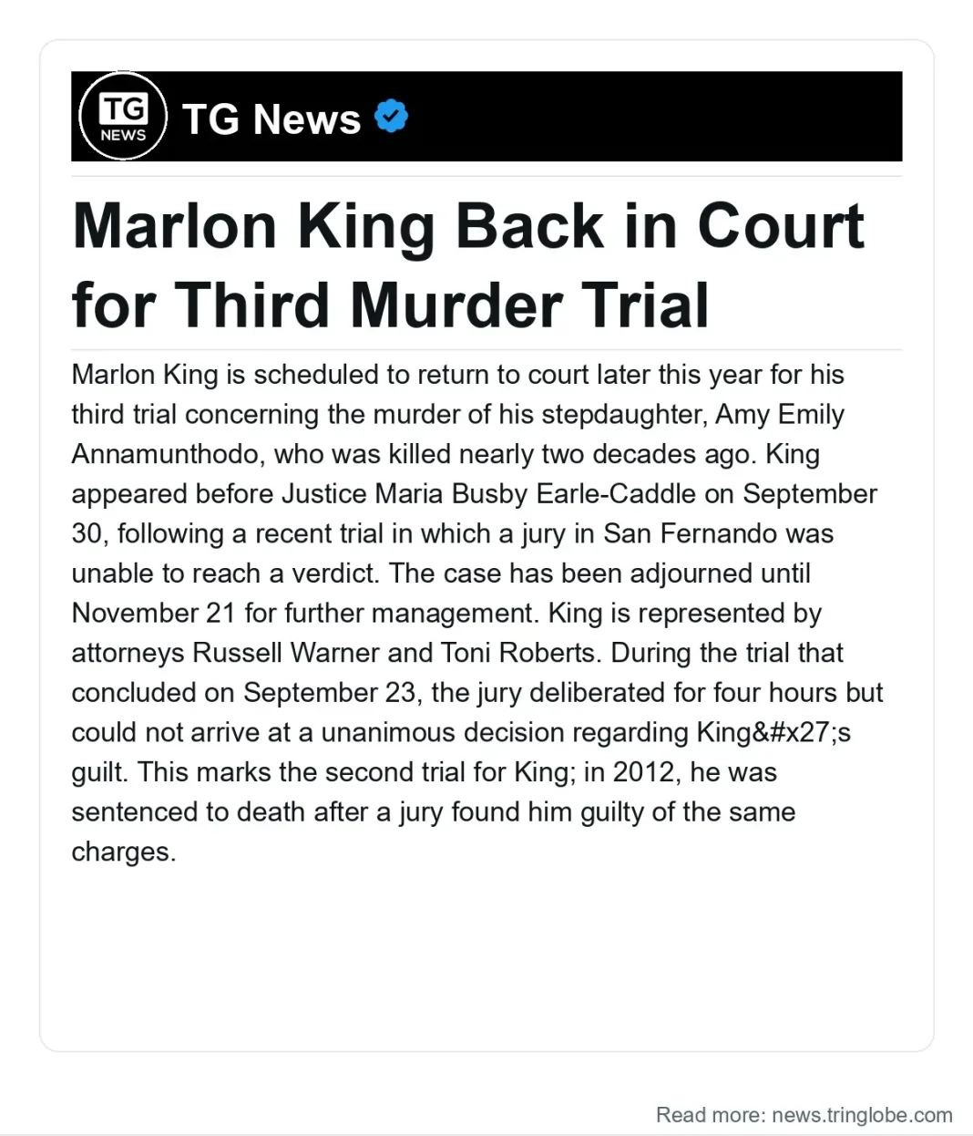 Trinidad and Tobago: Marlon King Back in Court for Third Murder Trial