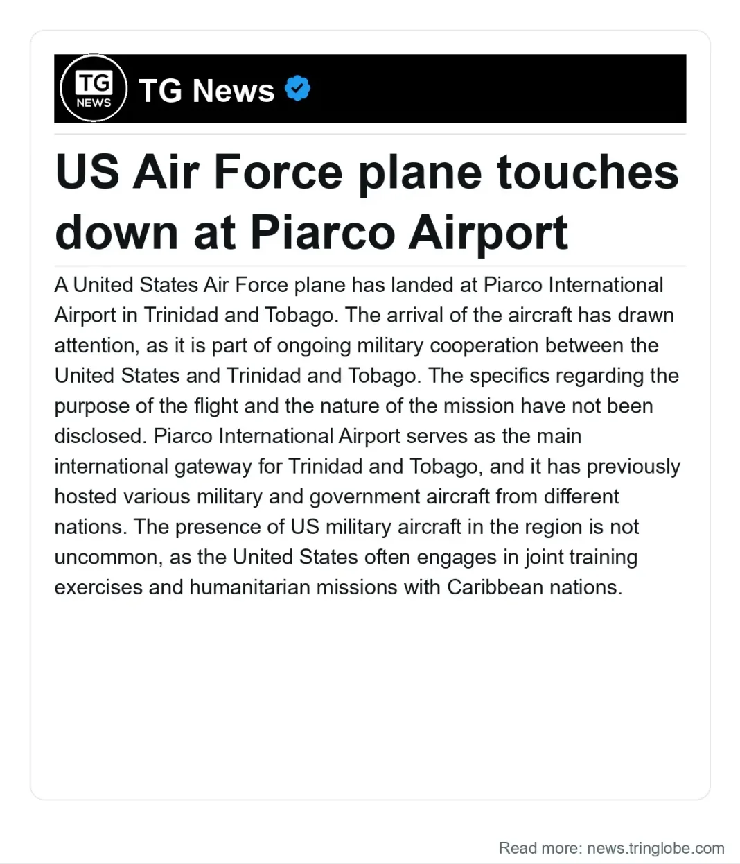 Trinidad and Tobago: US Air Force plane touches down at Piarco Airport
