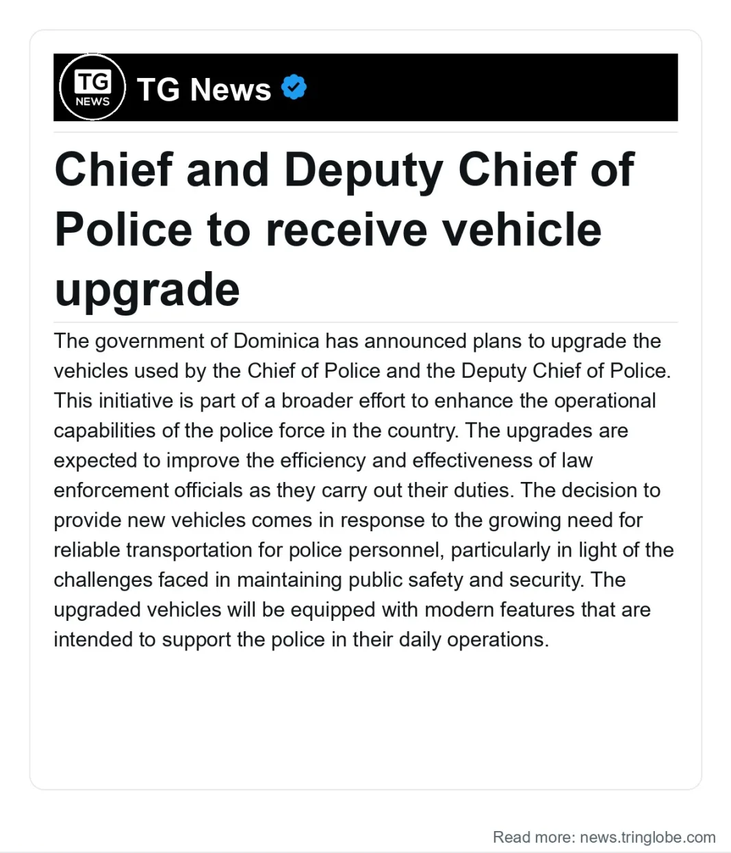 Dominica: Chief and Deputy Chief of Police to receive vehicle upgrade