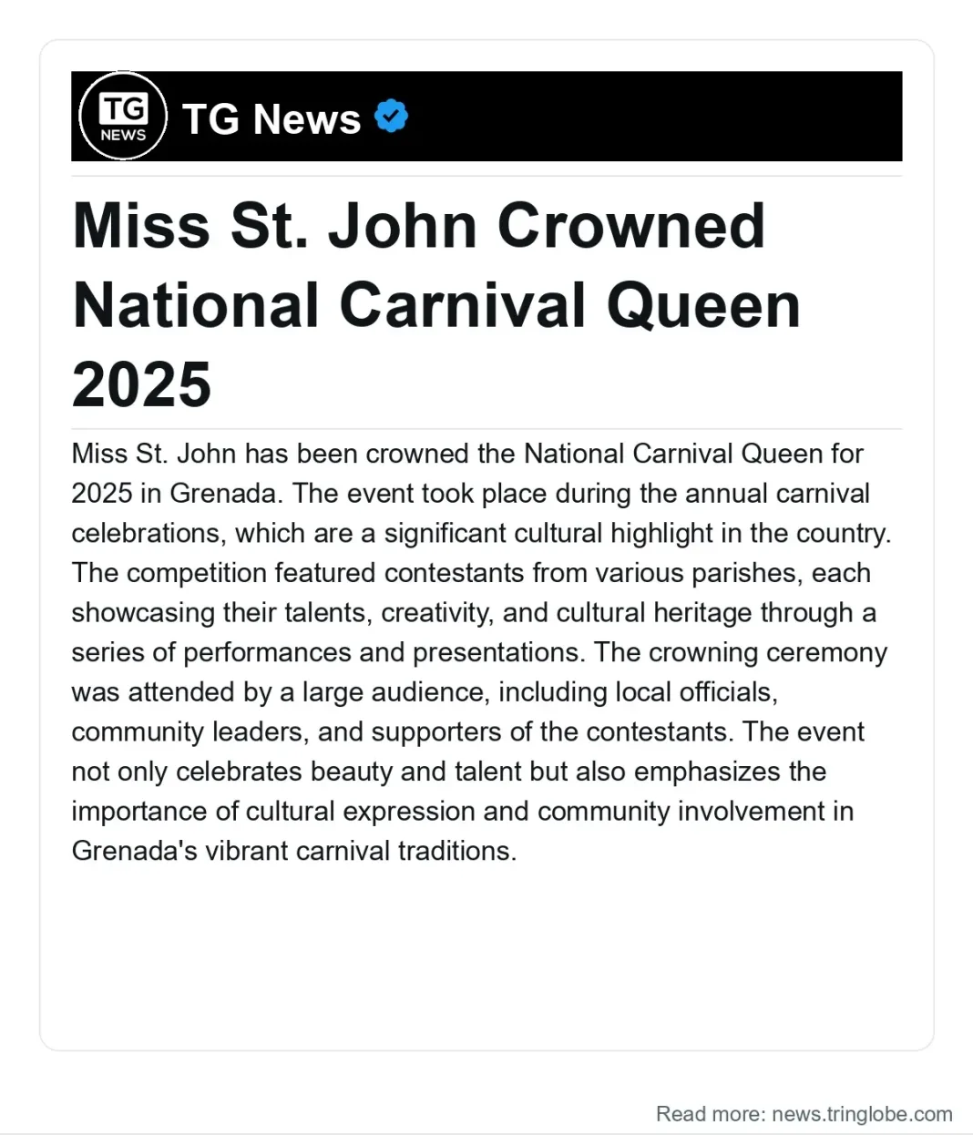 Grenada: Miss St. John Crowned National Carnival Queen 2025