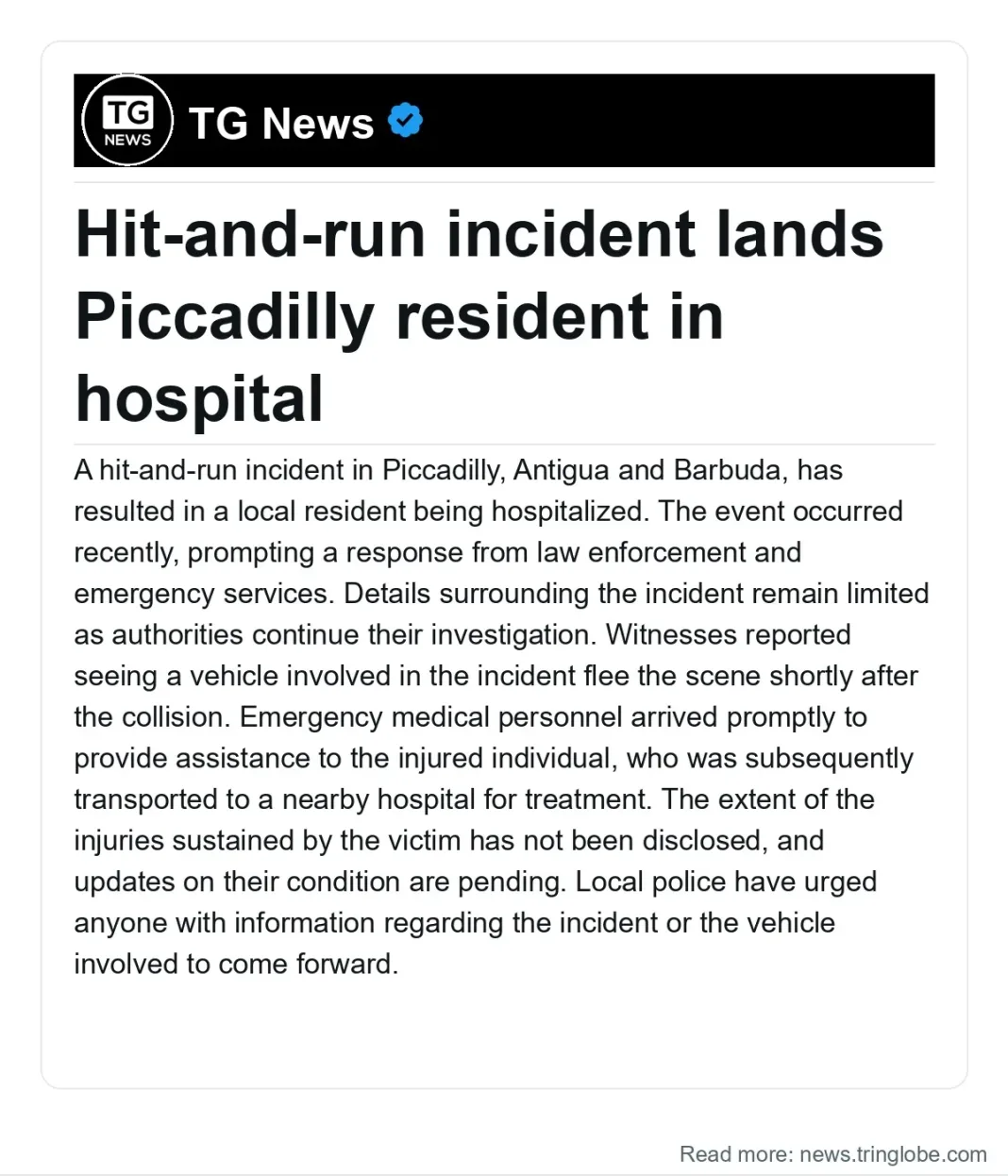 Antigua and Barbuda: Hit-and-run incident lands Piccadilly resident in hospital