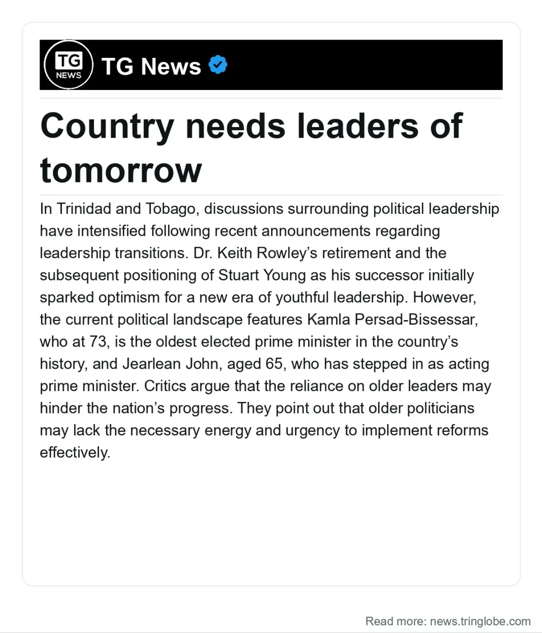 Trinidad and Tobago: Country needs leaders of tomorrow