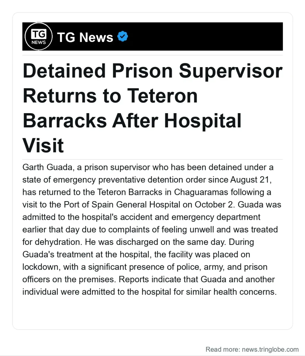 Trinidad and Tobago: Detained Prison Supervisor Returns to Teteron Barracks After Hospital Visit