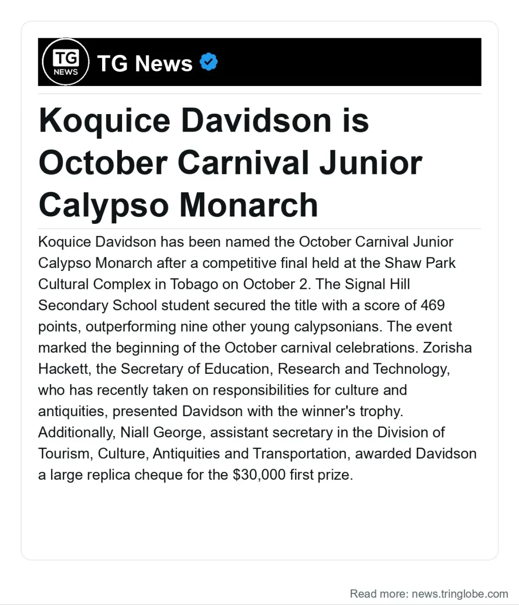 Trinidad and Tobago: Koquice Davidson is October Carnival Junior Calypso Monarch