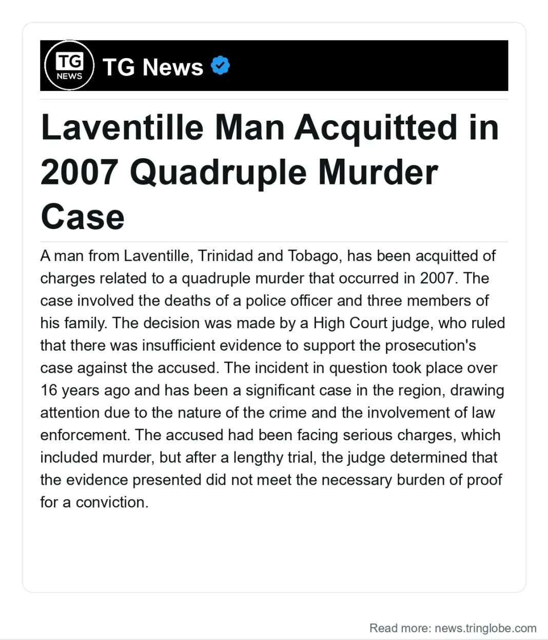 Trinidad and Tobago: Laventille Man Acquitted in 2007 Quadruple Murder Case
