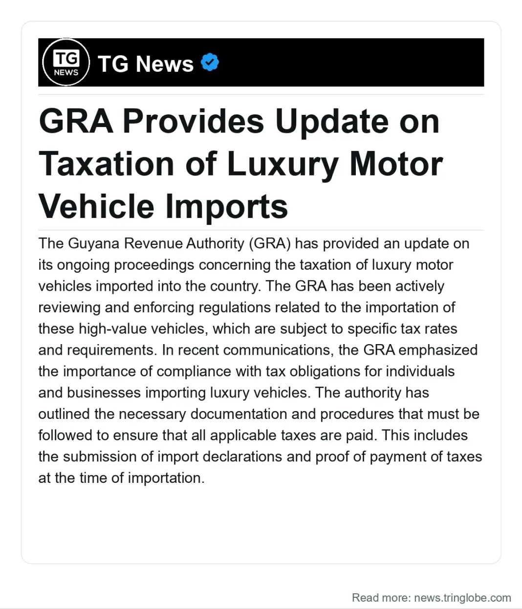 Guyana: GRA Provides Update on Taxation of Luxury Motor Vehicle Imports