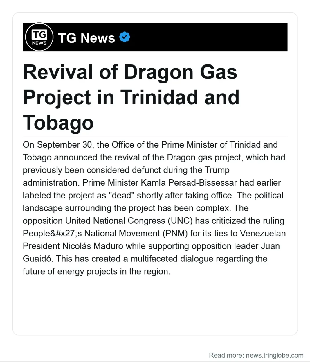 Trinidad and Tobago: Revival of Dragon Gas Project in Trinidad and Tobago