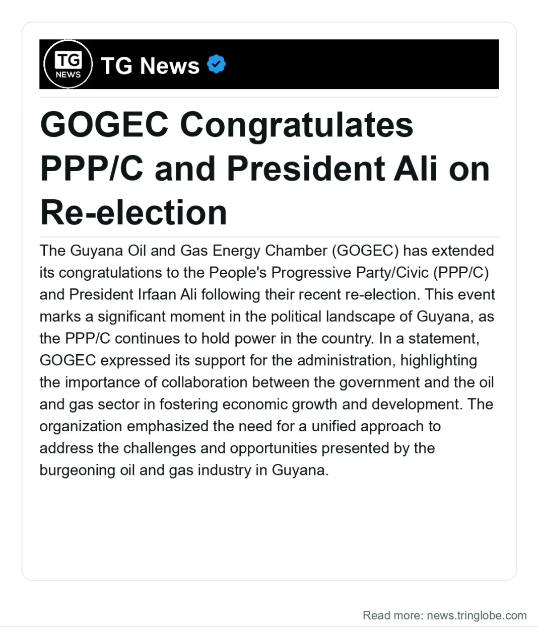 Guyana: GOGEC Congratulates PPP/C and President Ali on Re-election