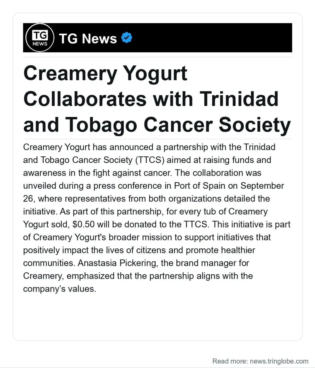 Trinidad and Tobago: Creamery Yogurt Collaborates with Trinidad and Tobago Cancer Society