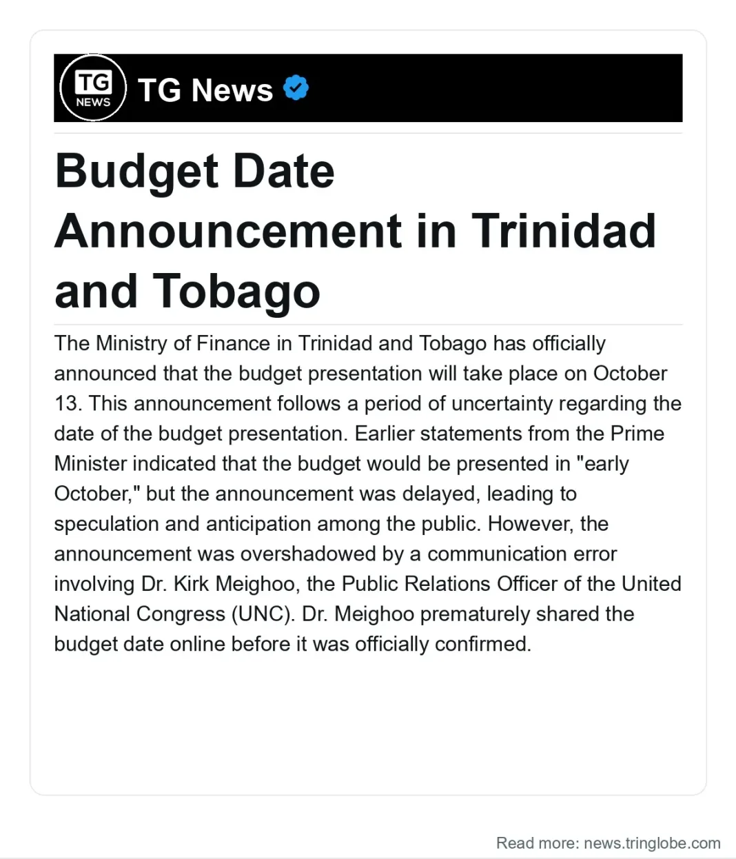 Trinidad and Tobago: Budget Date Announcement in Trinidad and Tobago