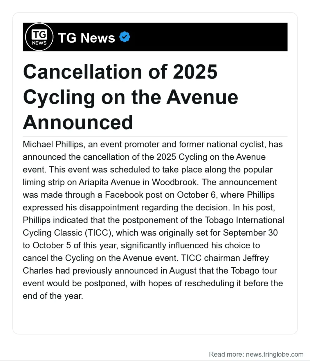 Trinidad and Tobago: Cancellation of 2025 Cycling on the Avenue Announced