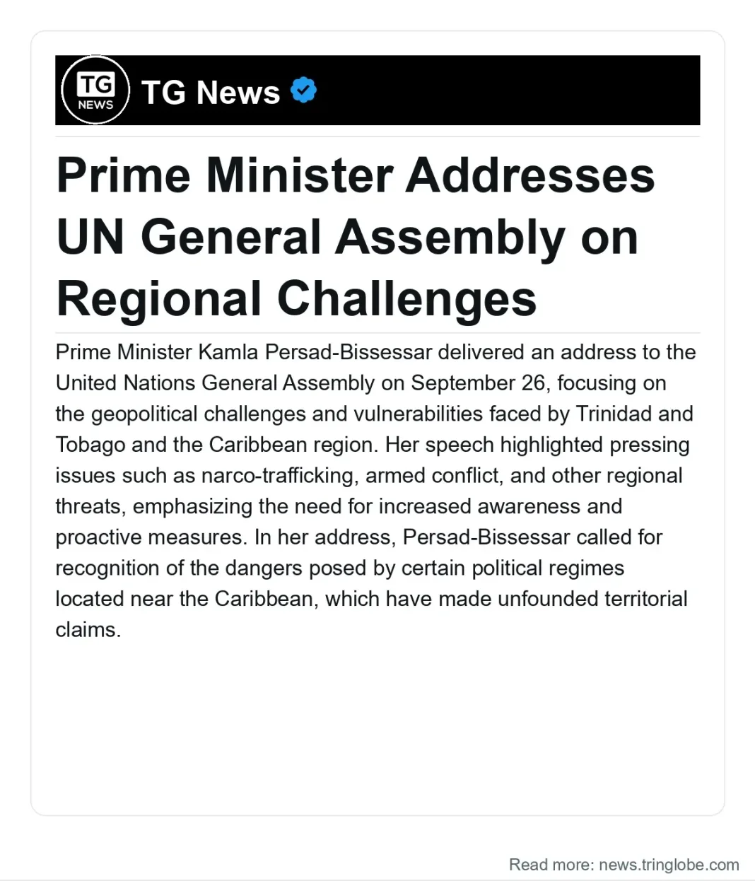 Trinidad and Tobago: Prime Minister Addresses UN General Assembly on Regional Challenges