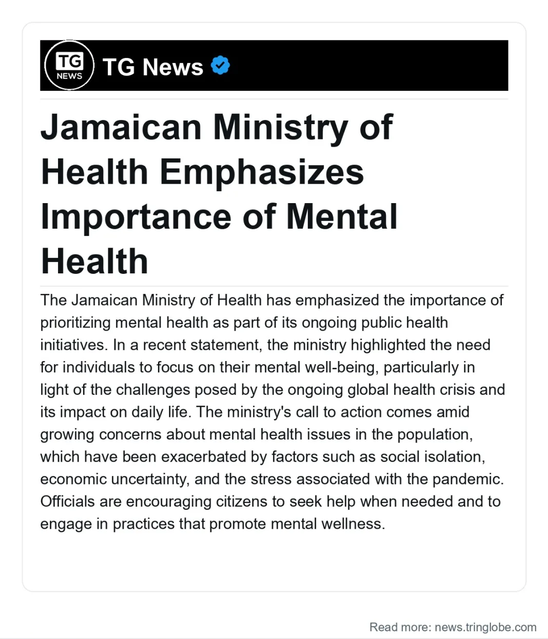 Jamaica: Jamaican Ministry of Health Emphasizes Importance of Mental Health
