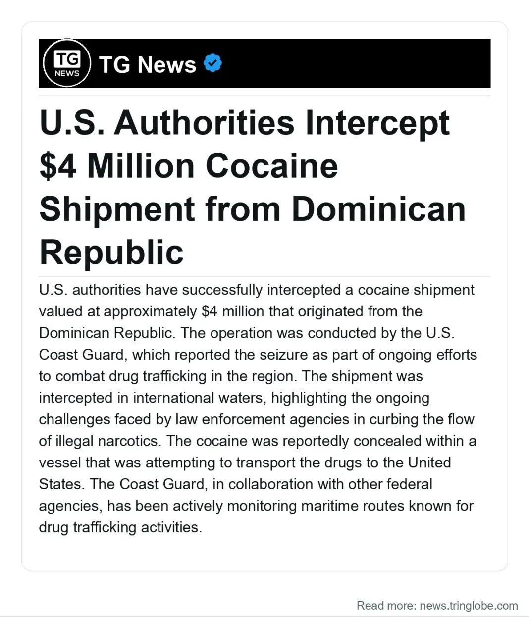 Dominican Republic: U.S. Authorities Intercept $4 Million Cocaine Shipment from Dominican Republic
