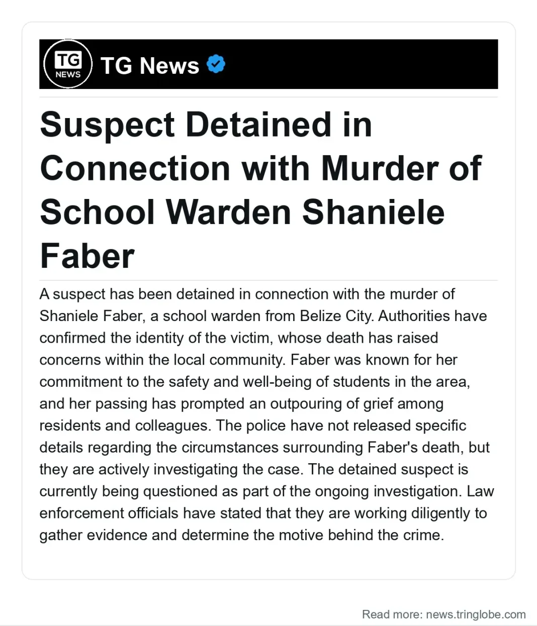Belize: Suspect Detained in Connection with Murder of School Warden Shaniele Faber