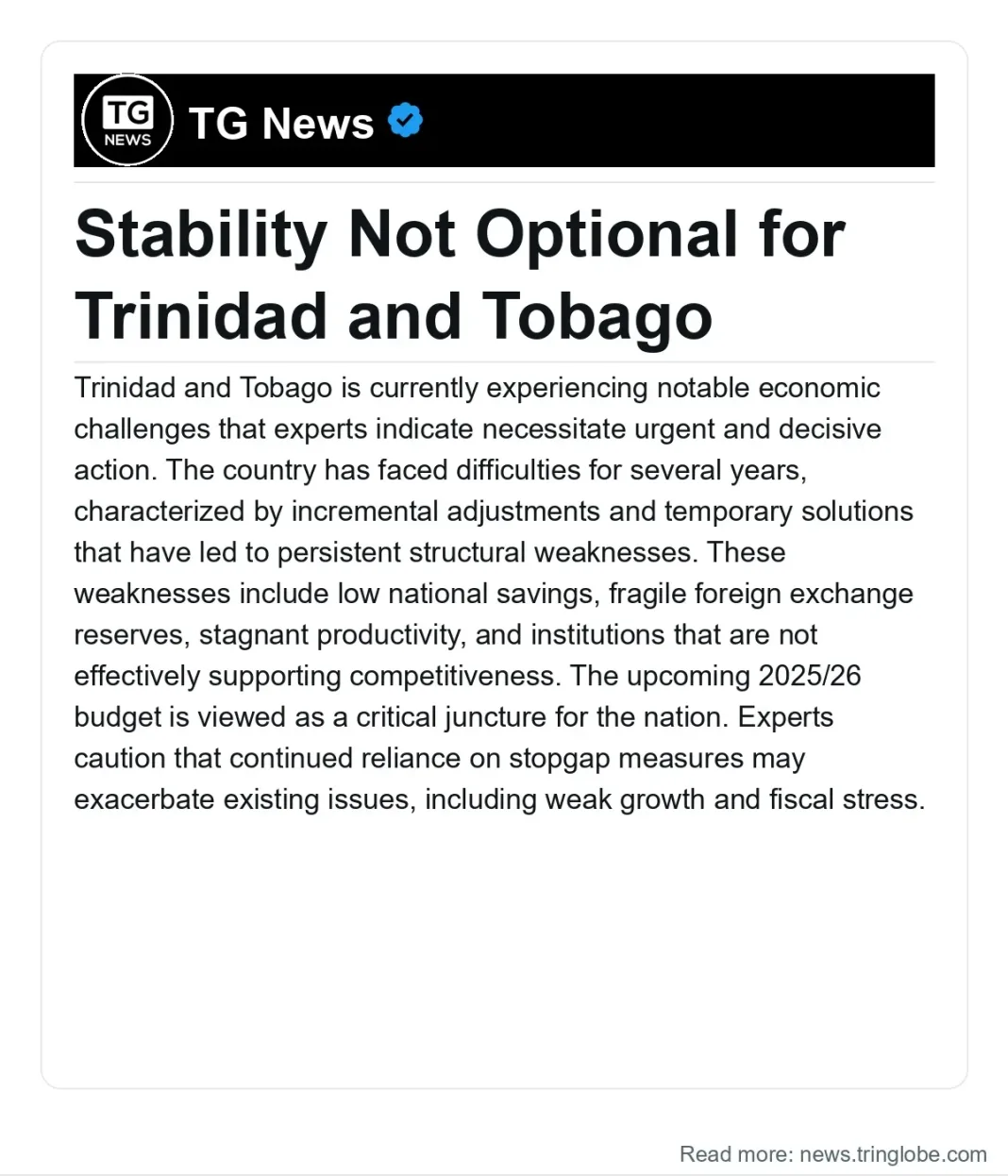 Trinidad and Tobago: Stability Not Optional for Trinidad and Tobago