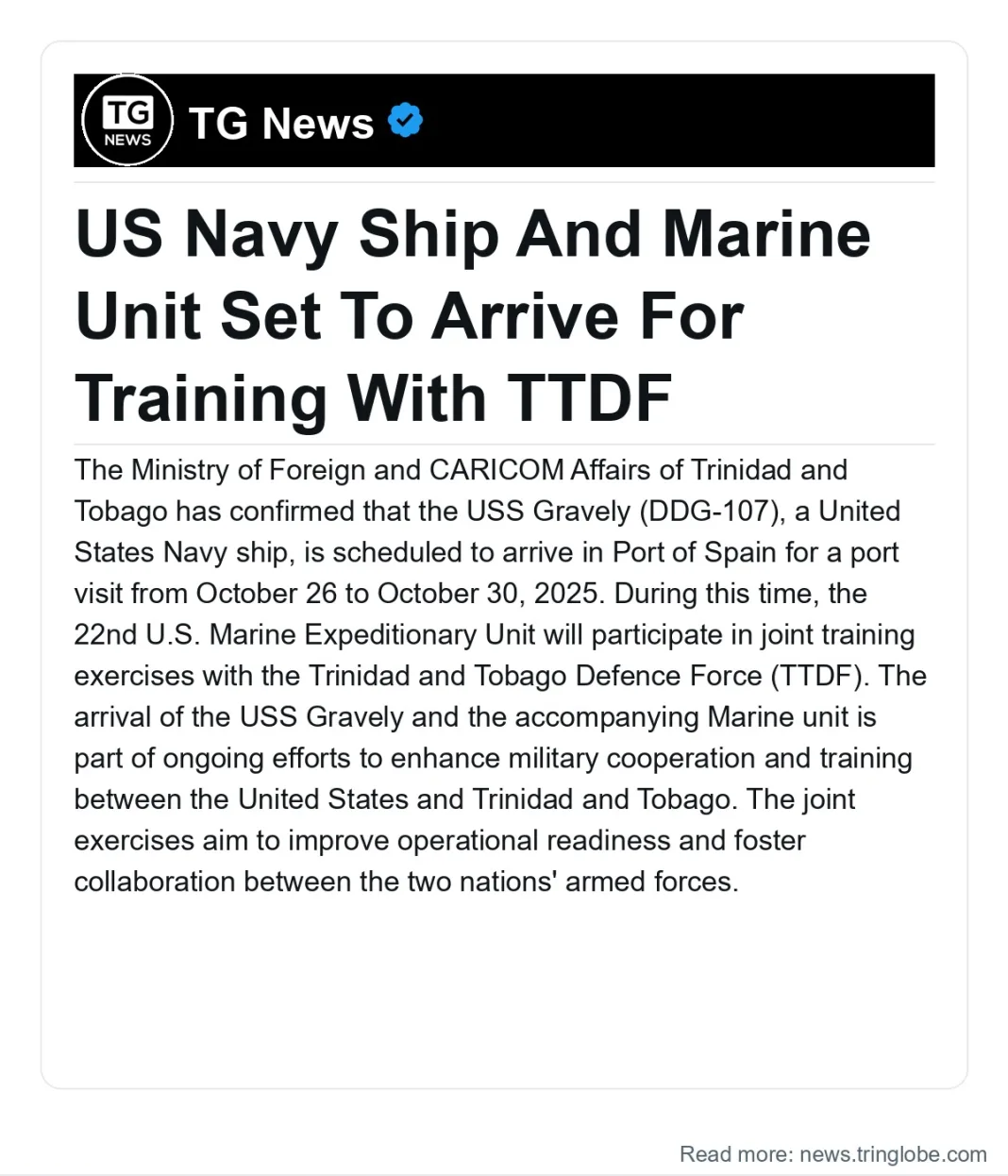 Trinidad and Tobago: US Navy Ship And Marine Unit Set To Arrive For Training With TTDF