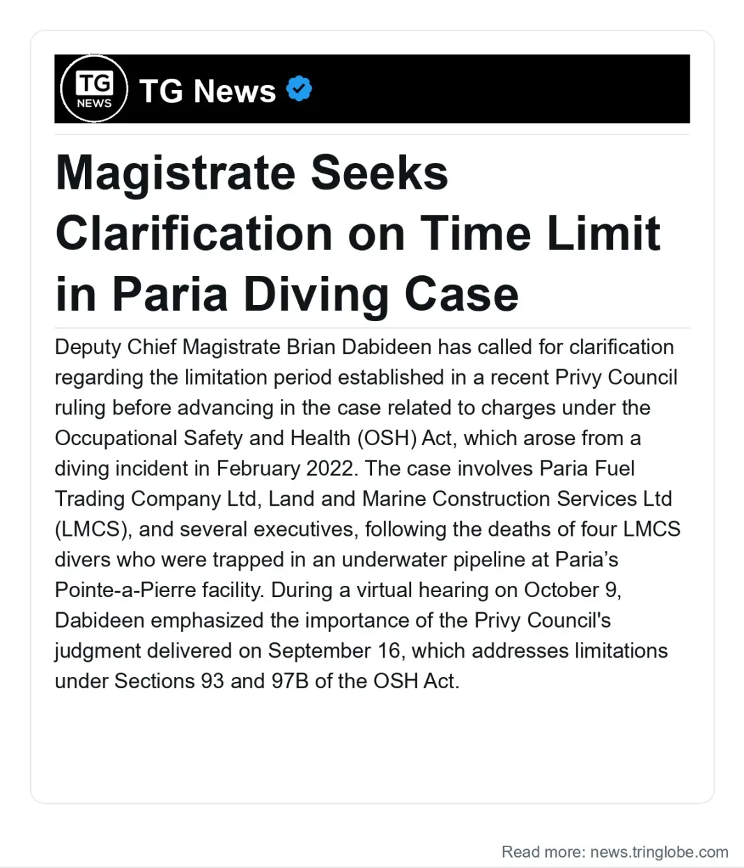 Trinidad and Tobago: Magistrate Seeks Clarification on Time Limit in Paria Diving Case