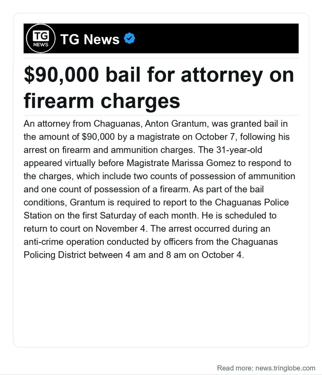 Trinidad and Tobago: $90,000 bail for attorney on firearm charges
