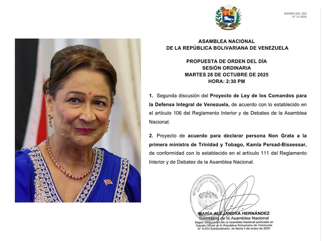 Venezuela Assembly Considers Banning Trinidad PM