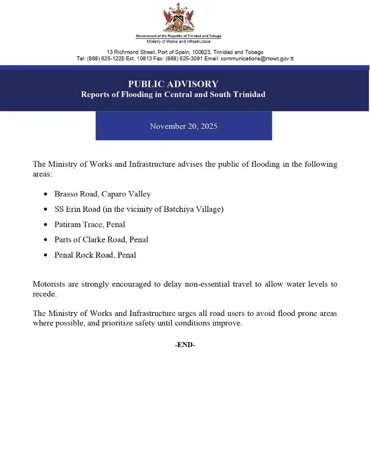 Severe Flooding Hits Trinidad; Motorists Urged Caution