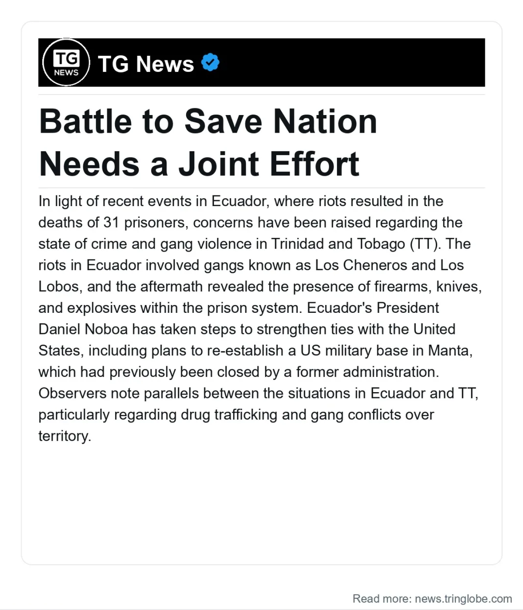 Trinidad and Tobago: Battle to Save Nation Needs a Joint Effort