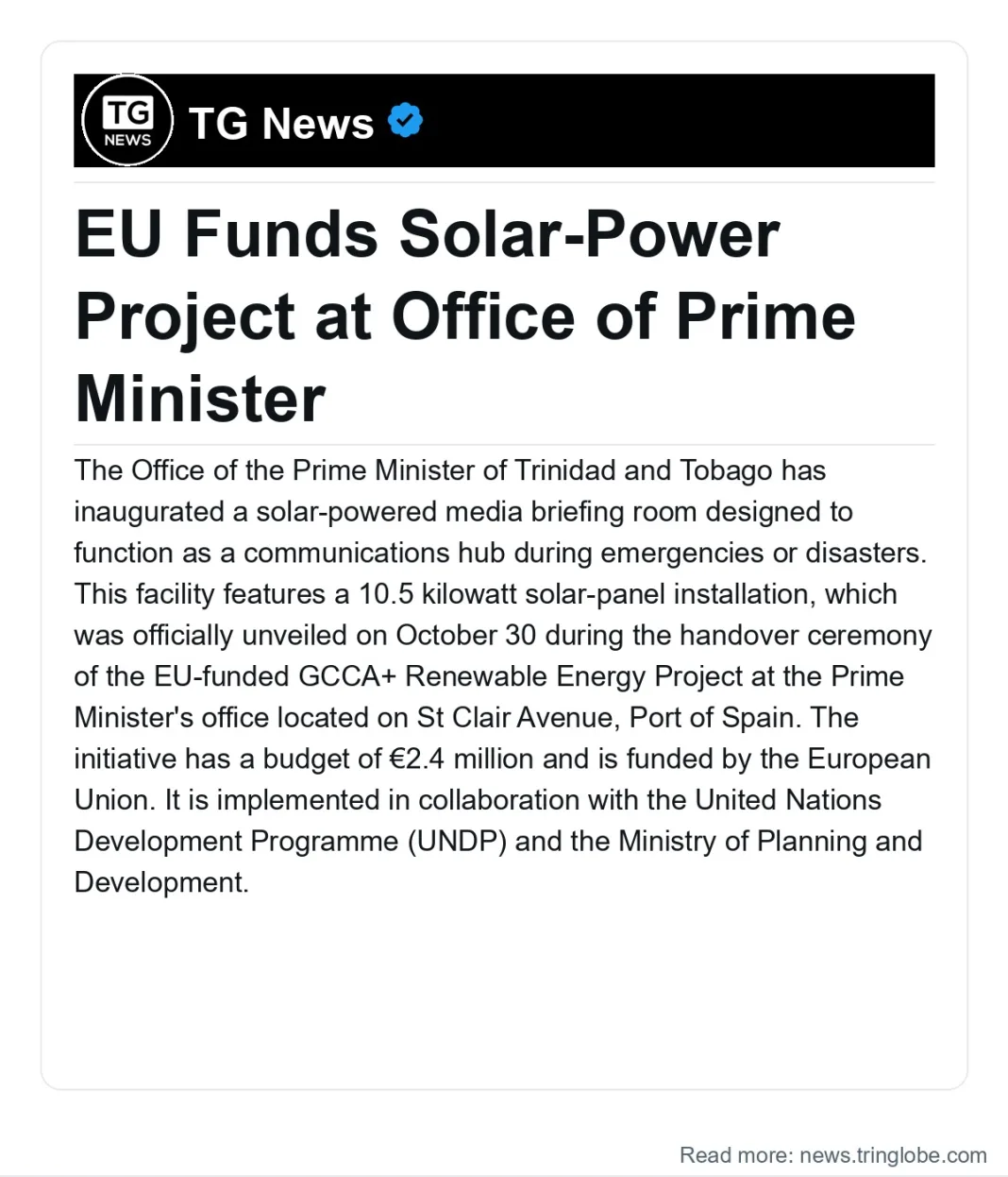 Trinidad and Tobago: EU Funds Solar-Power Project at Office of Prime Minister