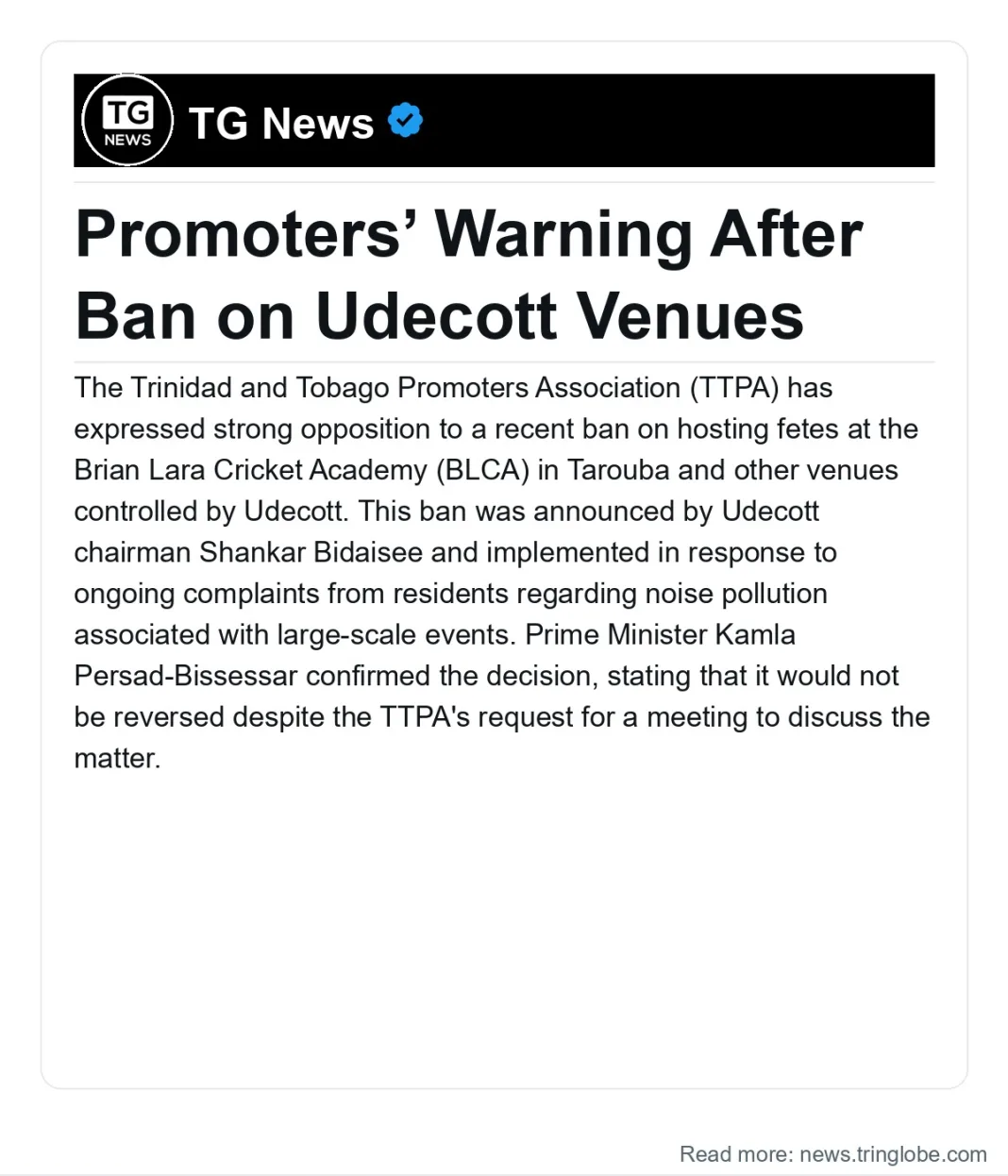 Trinidad and Tobago: Promoters’ Warning After Ban on Udecott Venues
