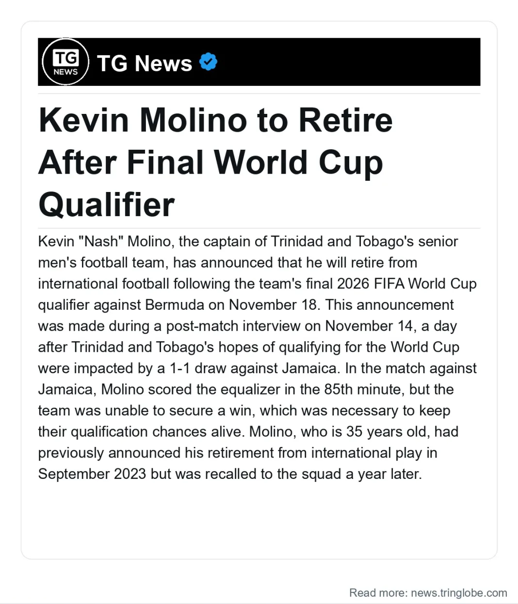 Trinidad and Tobago: Kevin Molino to Retire After Final World Cup Qualifier
