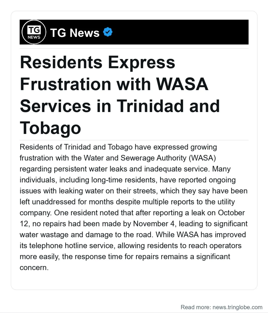 Trinidad and Tobago: Residents Express Frustration with WASA Services in Trinidad and Tobago