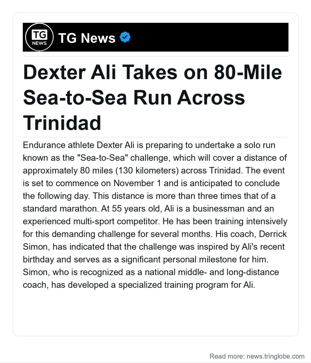Trinidad and Tobago: Dexter Ali Takes on 80-Mile Sea-to-Sea Run Across Trinidad