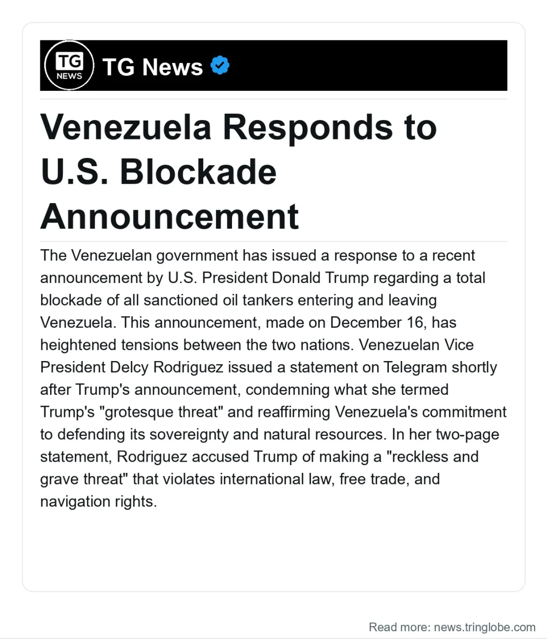 Trinidad and Tobago: Venezuela Responds to U.S. Blockade Announcement