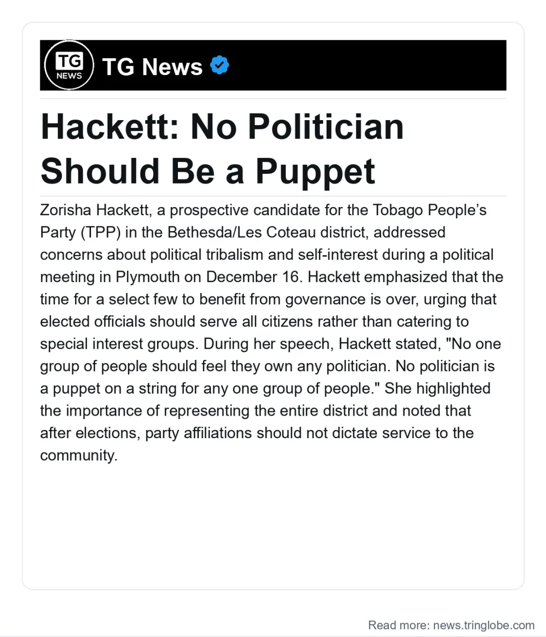 Trinidad and Tobago: Hackett: No Politician Should Be a Puppet
