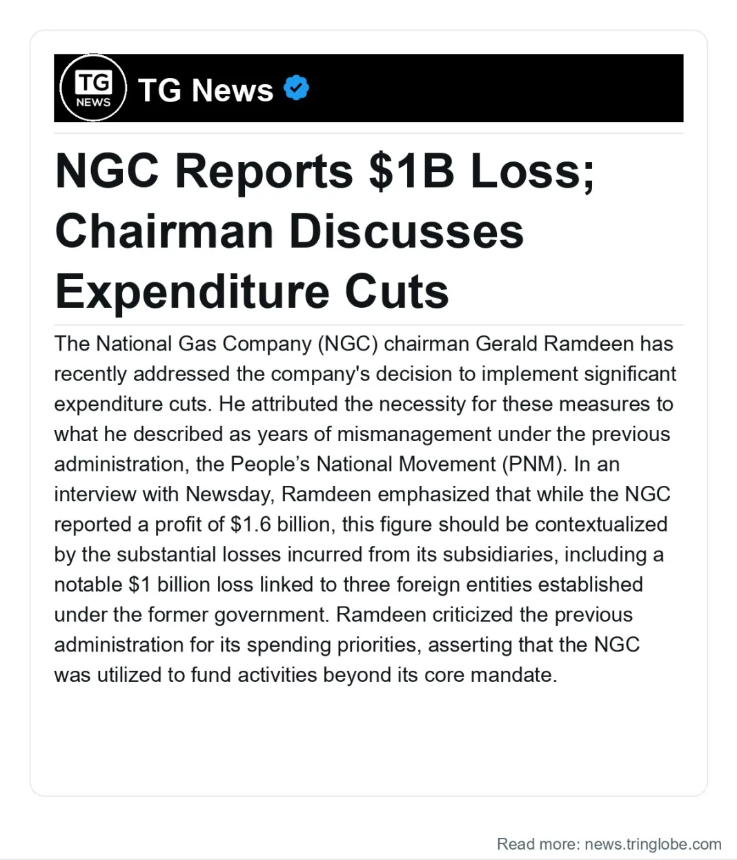 Trinidad and Tobago: NGC Reports $1B Loss; Chairman Discusses Expenditure Cuts