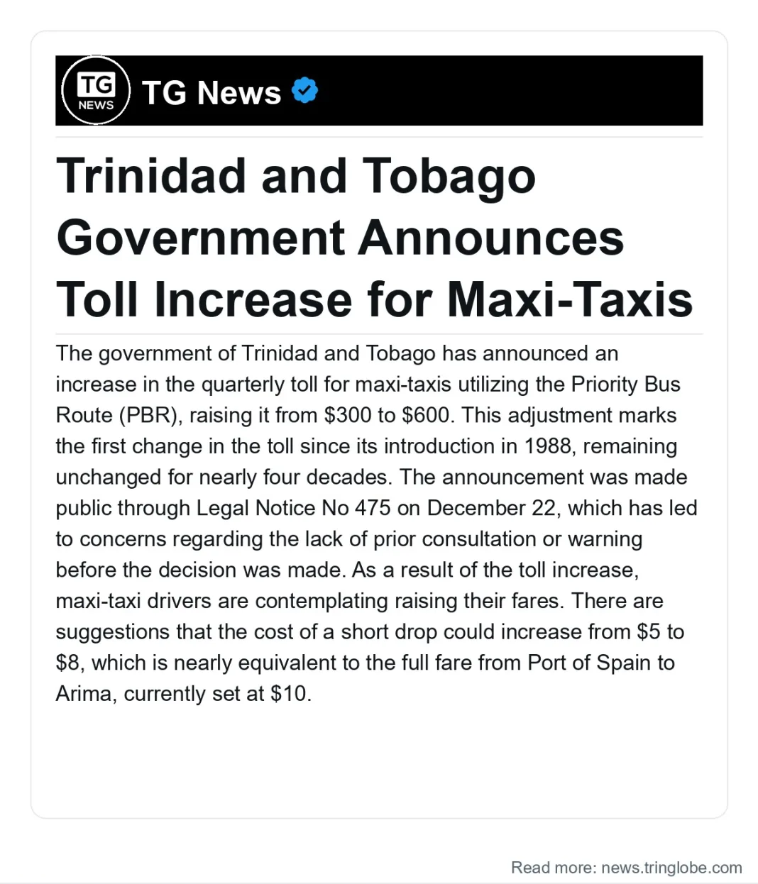 Trinidad and Tobago: Trinidad and Tobago Government Announces Toll Increase for Maxi-Taxis