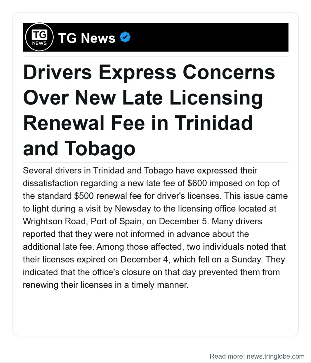 Trinidad and Tobago: Drivers Express Concerns Over New Late Licensing Renewal Fee in Trinidad and Tobago