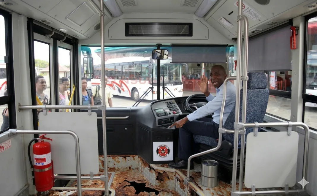 Passenger reports rusting PTSC bus floor, driver advises walking along