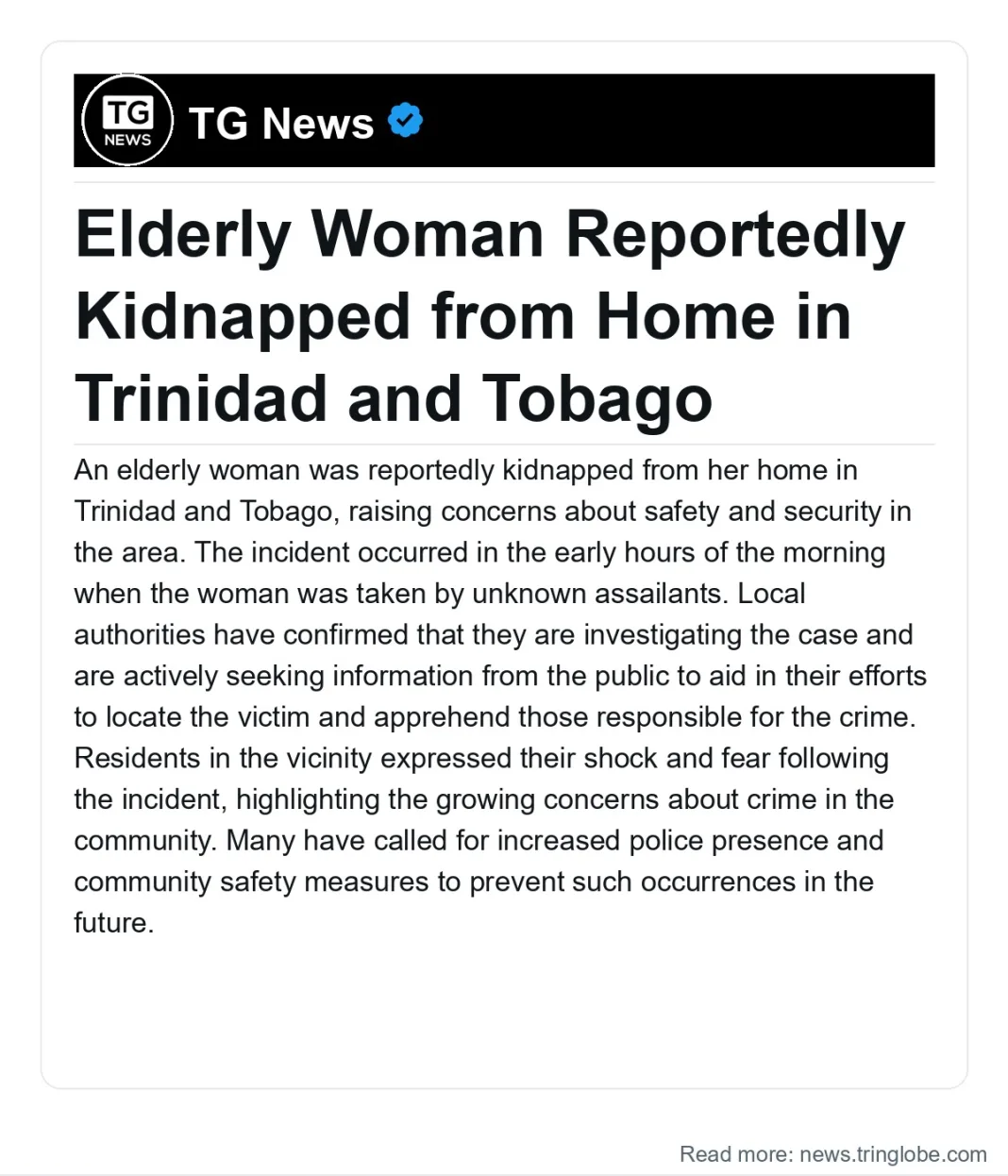 Trinidad and Tobago: Elderly Woman Reportedly Kidnapped from Home in Trinidad and Tobago