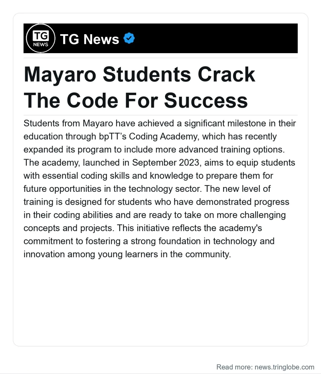Trinidad and Tobago: Mayaro Students Crack The Code For Success