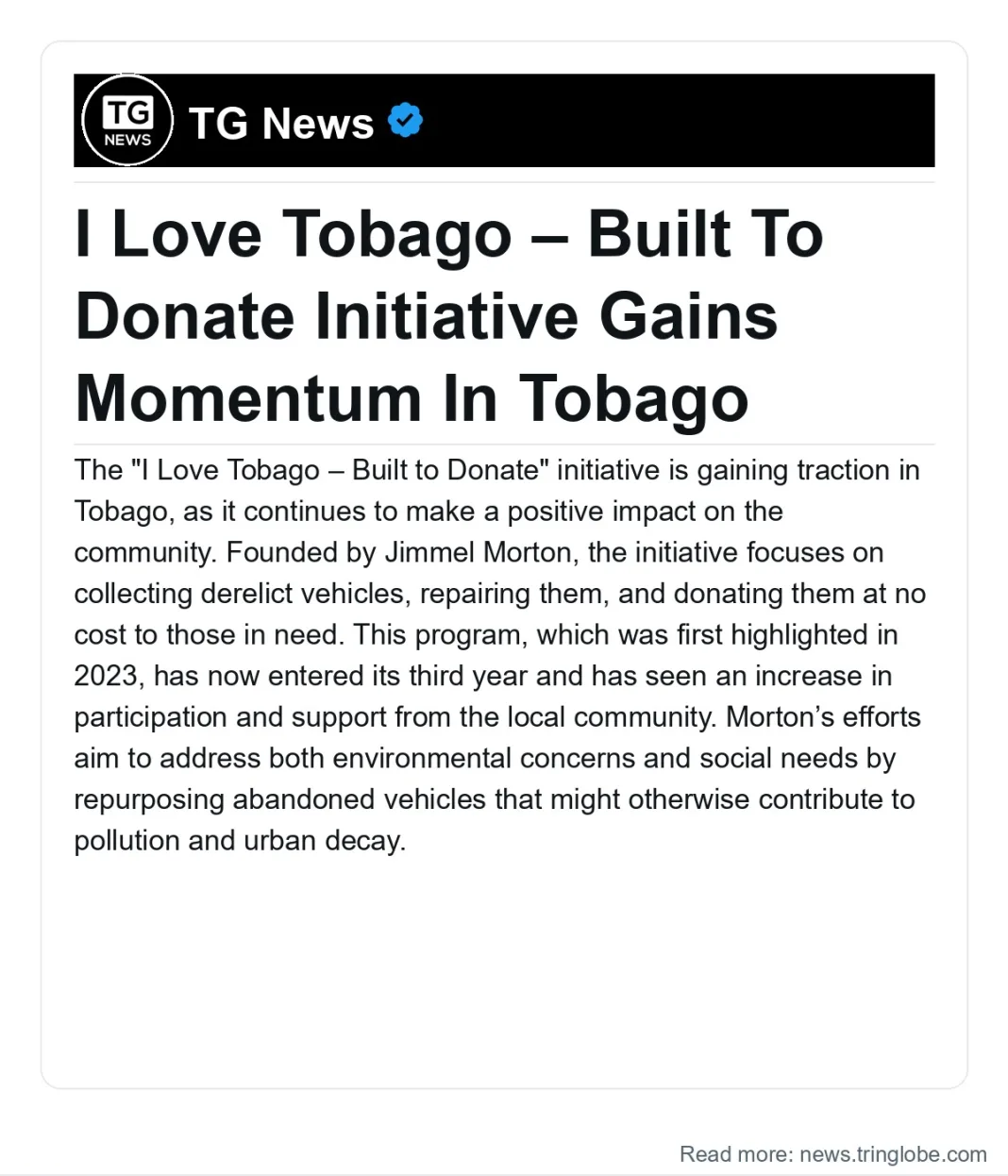 Trinidad and Tobago: I Love Tobago – Built To Donate Initiative Gains Momentum In Tobago