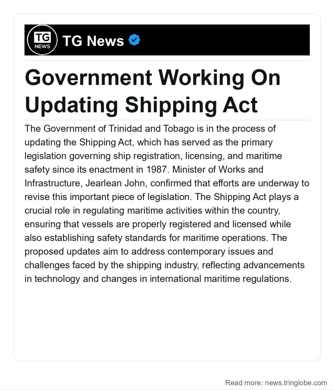 Trinidad and Tobago: Government Working On Updating Shipping Act