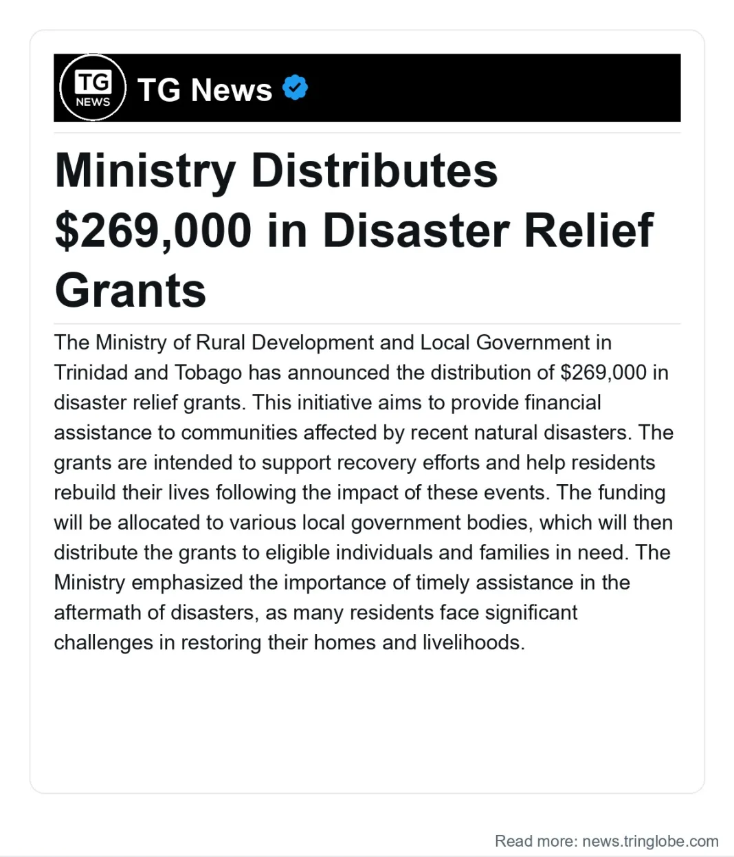 Trinidad and Tobago: Ministry Distributes $269,000 in Disaster Relief Grants