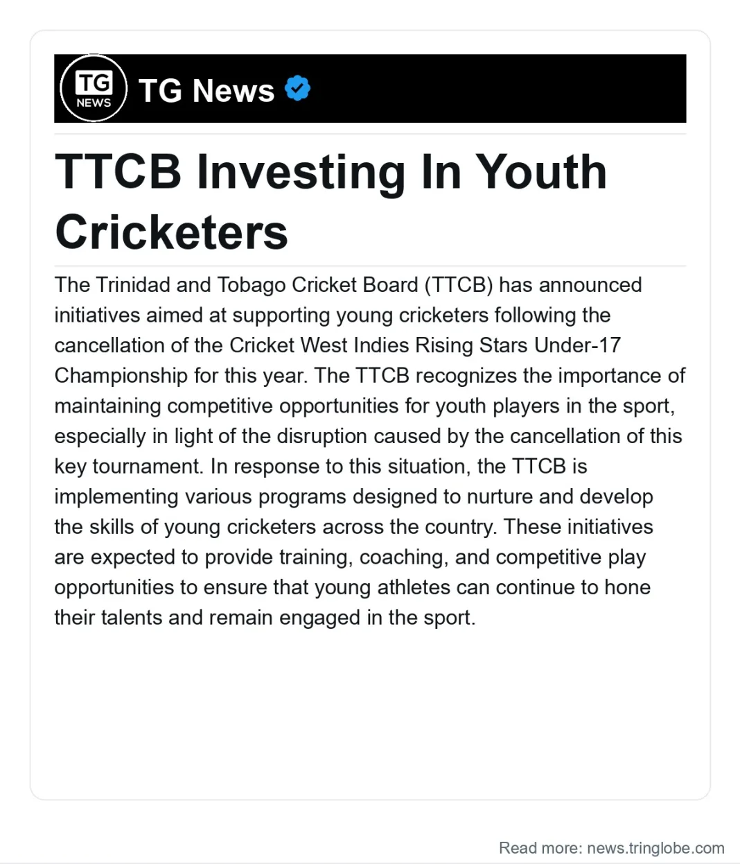 Trinidad and Tobago: TTCB Investing In Youth Cricketers