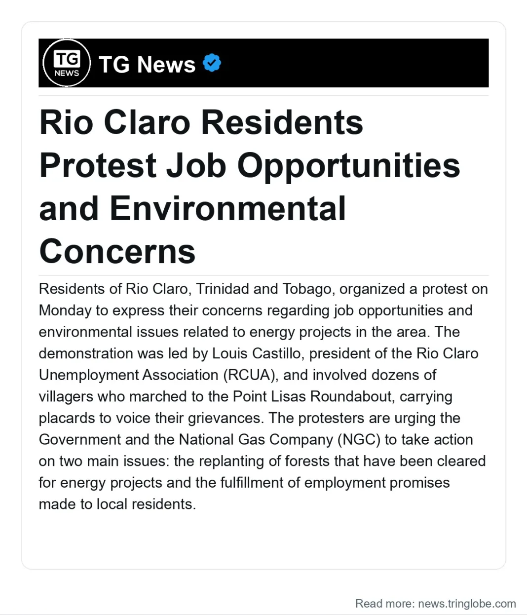 Trinidad and Tobago: Rio Claro Residents Protest Job Opportunities and Environmental Concerns
